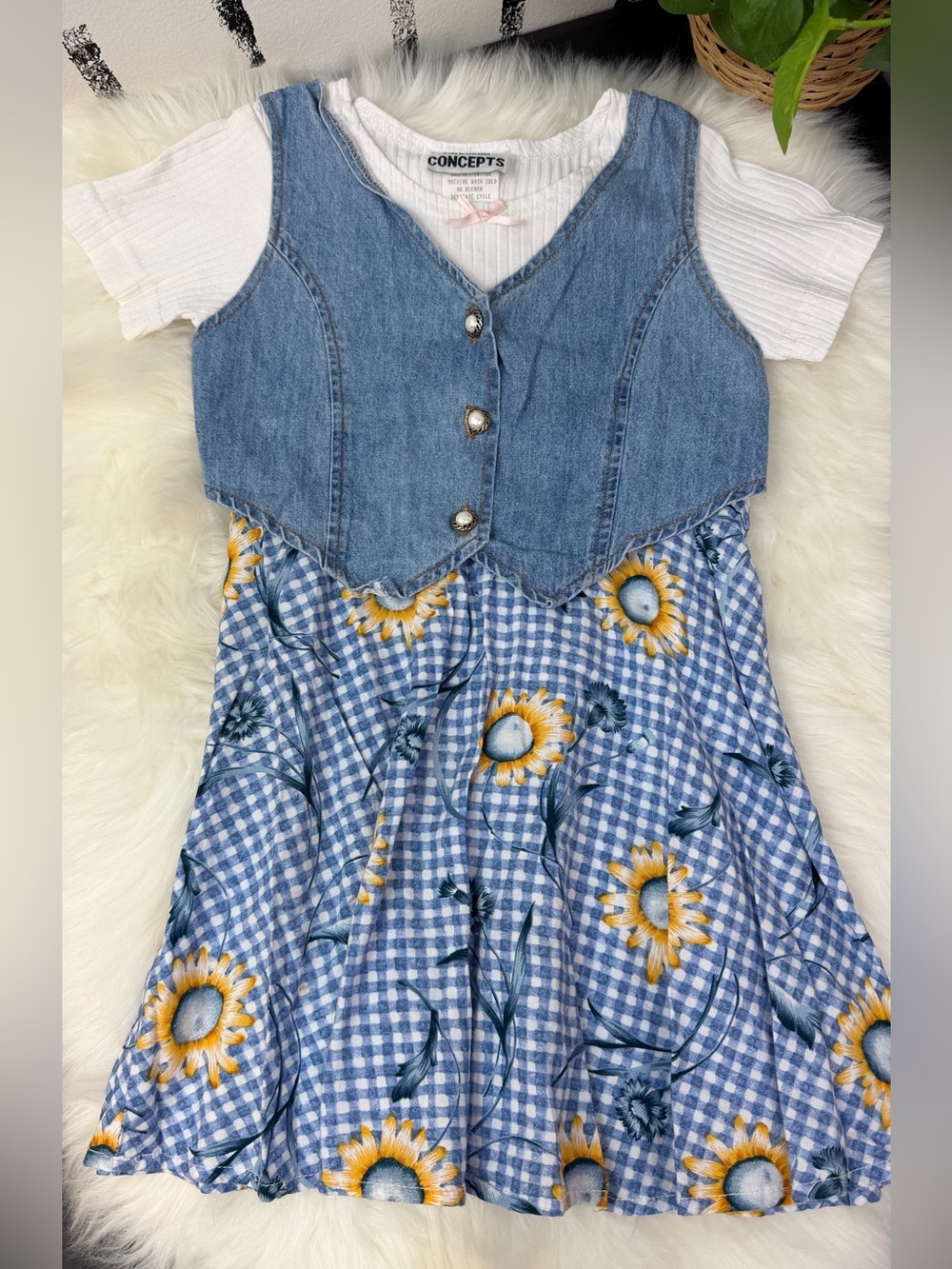 Vintage 90s California Concepts Sunflower Denim Vest Dress Size 6 Made in USA